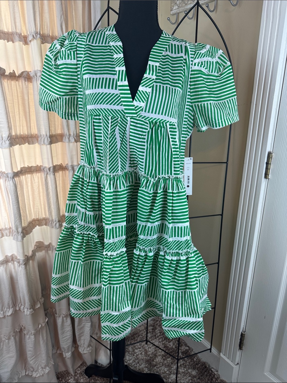 Aqua Green and White Striped Tiered Casual Dress Size M NWT